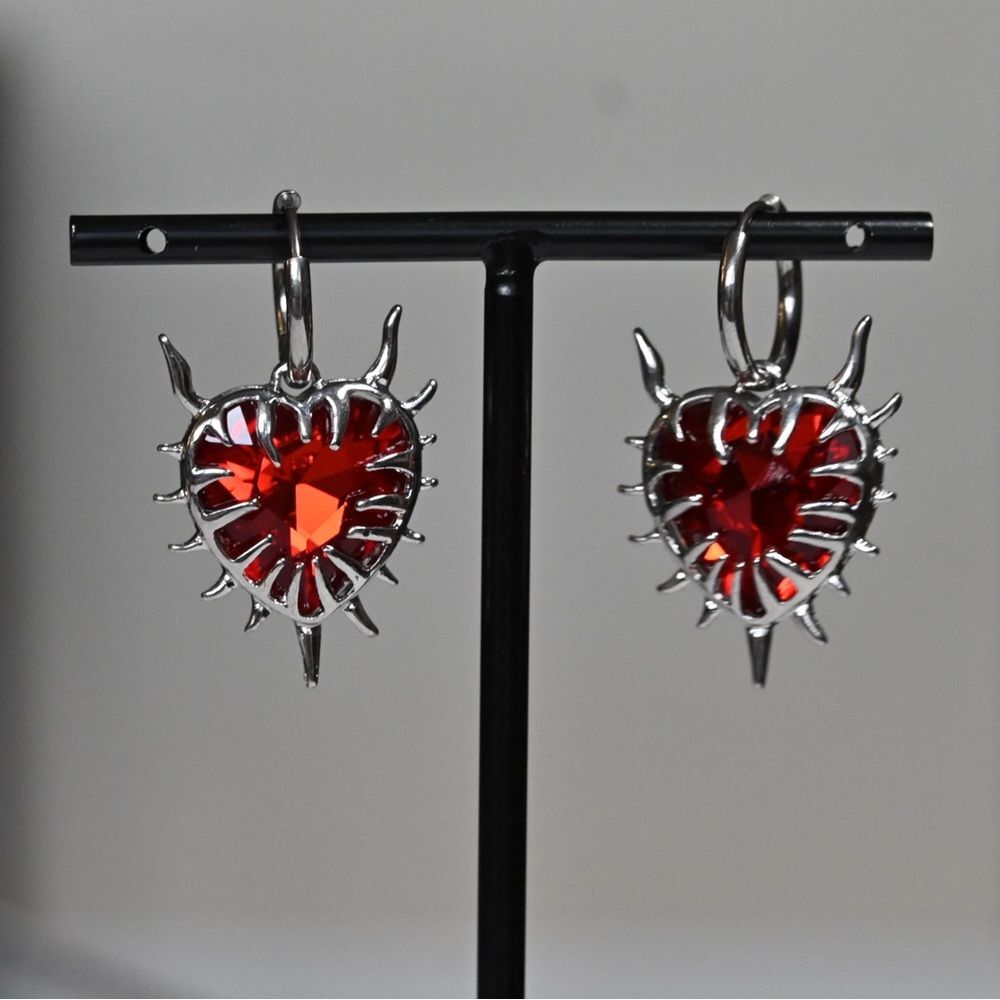 Silver and Red Heart Earrings goth tattoo flame flaming witchy drop cute gift